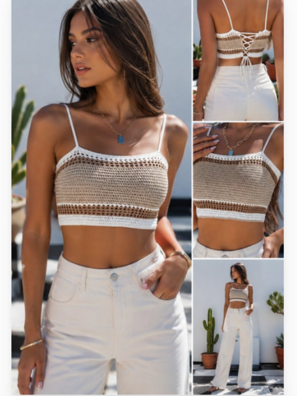 Crochet Knit Cami Crop Top Lace Up Back Boho Festival Beach Beige White Size: M